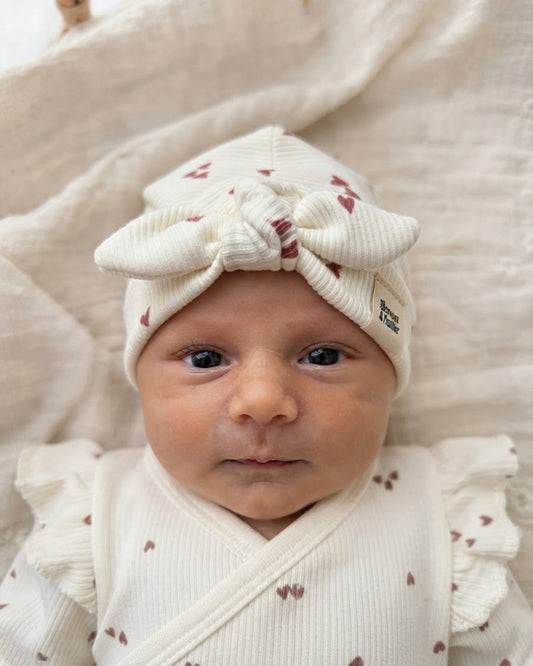 Ripp-Turbanmütze | Tonrosa Herzchen - Blossom & Feather